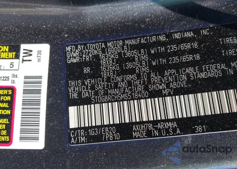 2021 Toyota Highlander Hybrid Xle z USA, uszkodzony, nr VIN 5TDGBRCH5MS518400